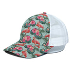 Tropical Floral Flamingo Pattern Print White Mesh Trucker Cap