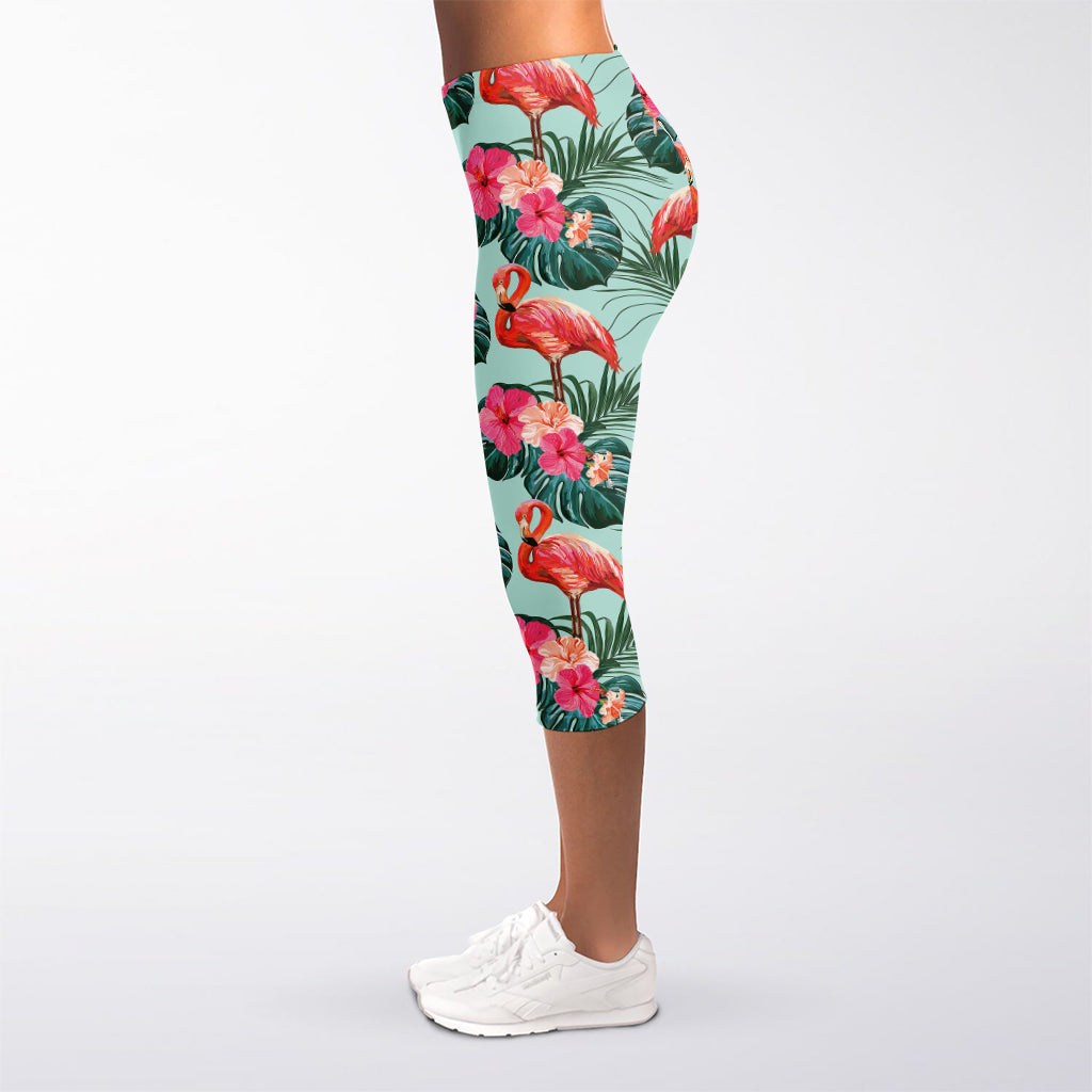 Tropical Floral Flamingo Pattern Print Women's Capri Leggings