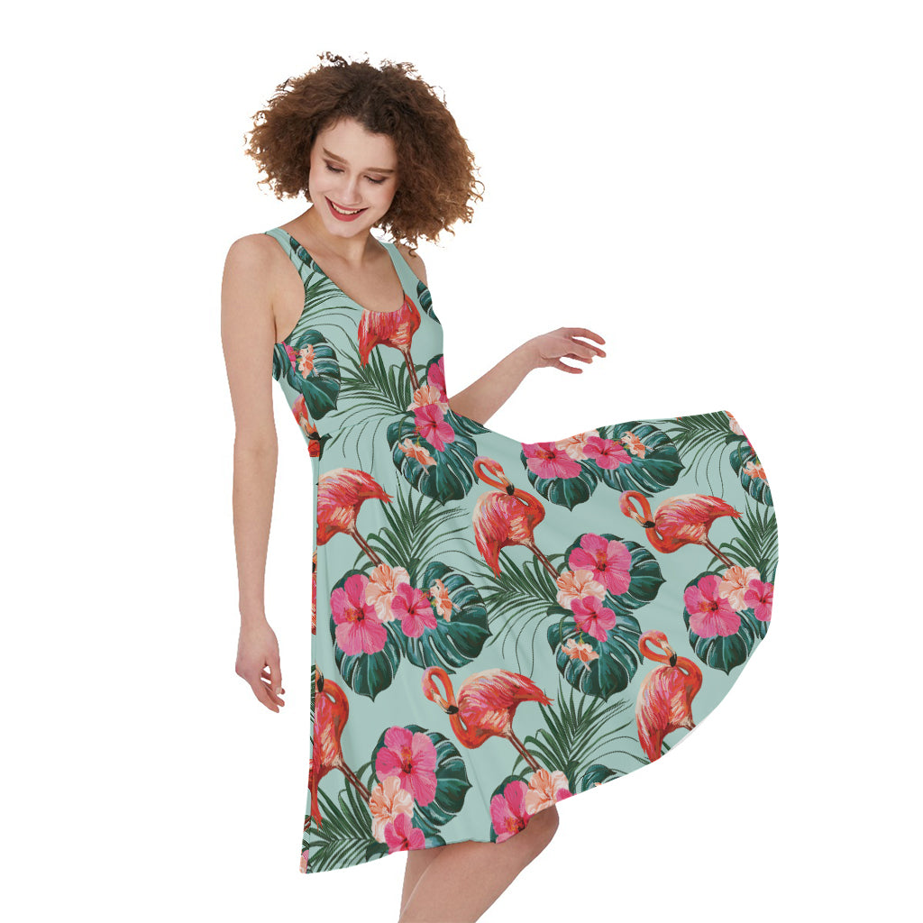 Tropical Floral Flamingo Pattern Print Women's Sleeveless Dress