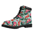 Tropical Floral Flamingo Pattern Print Padded Collar Lace Up Boots