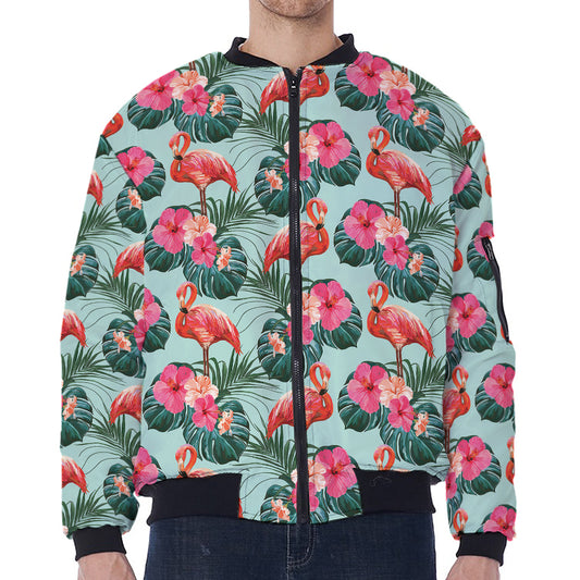 Tropical Floral Flamingo Pattern Print Zip Sleeve Bomber Jacket