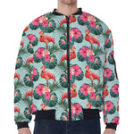 Tropical Floral Flamingo Pattern Print Zip Sleeve Bomber Jacket