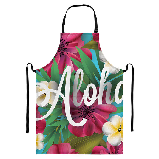 Tropical Flower Aloha Print Bib Apron With Pocket