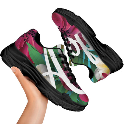 Tropical Flower Aloha Print Black Chunky Shoes