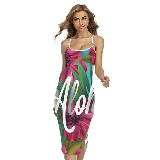 Tropical Flower Aloha Print Cross Back Cami Dress