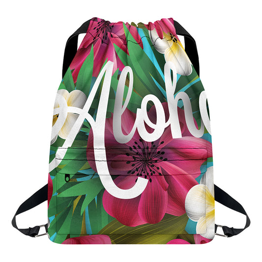 Tropical Flower Aloha Print Drawstring Backpack