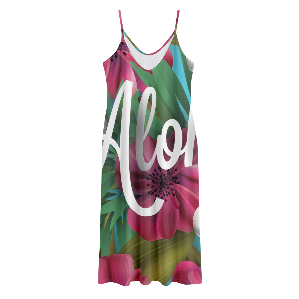 Tropical Flower Aloha Print Jersey Midi Cami Dress
