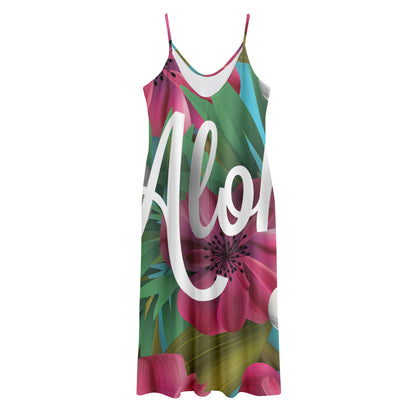 Tropical Flower Aloha Print Jersey Midi Cami Dress