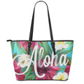 Tropical Flower Aloha Print Leather Tote Bag With Zipper