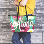 Tropical Flower Aloha Print Leather Tote Bag