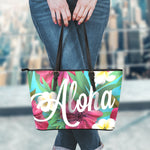 Tropical Flower Aloha Print Leather Tote Bag