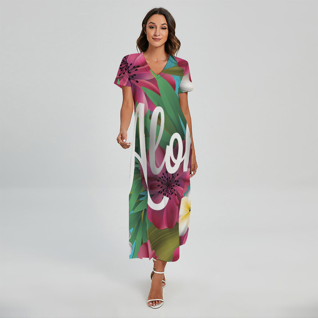 Tropical Flower Aloha Print Short Sleeve Maxi Dress