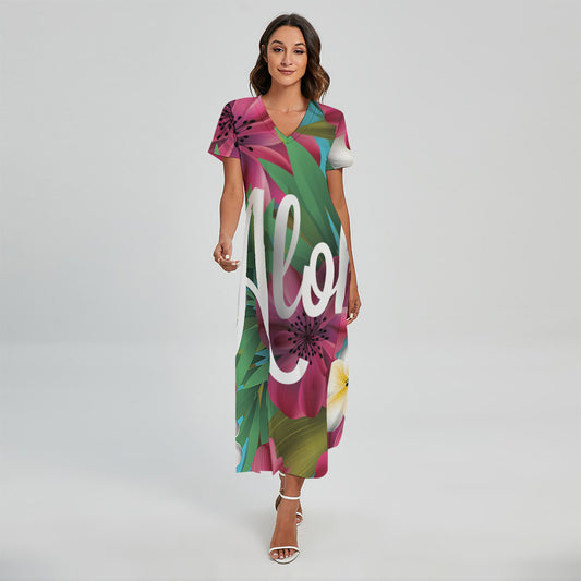 Tropical Flower Aloha Print Short Sleeve Maxi Dress
