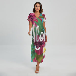 Tropical Flower Aloha Print Short Sleeve Maxi Dress