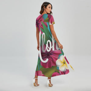 Tropical Flower Aloha Print Short Sleeve Maxi Dress