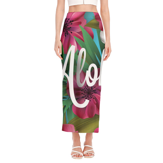 Tropical Flower Aloha Print Side Slit Maxi Skirt