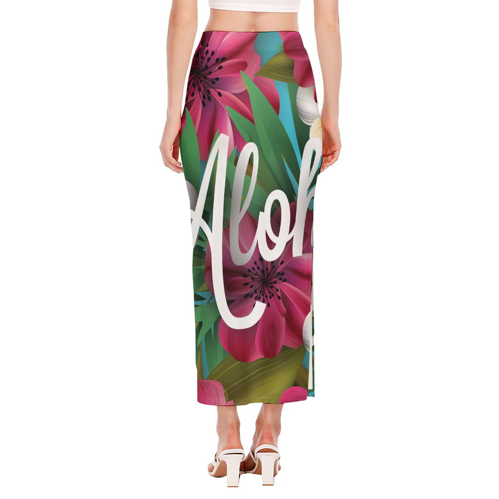 Tropical Flower Aloha Print Side Slit Maxi Skirt