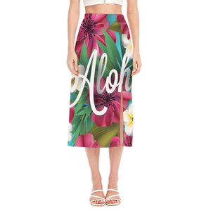 Tropical Flower Aloha Print Side Slit Midi Skirt