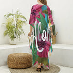 Tropical Flower Aloha Print Silk V-Neck Kaftan Dress