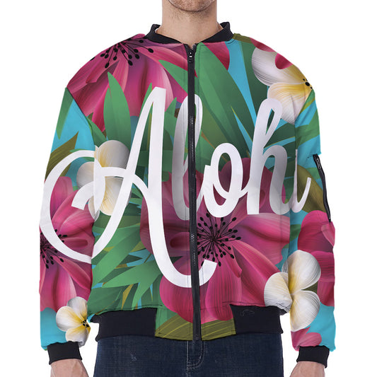 Tropical Flower Aloha Print Zip Sleeve Bomber Jacket
