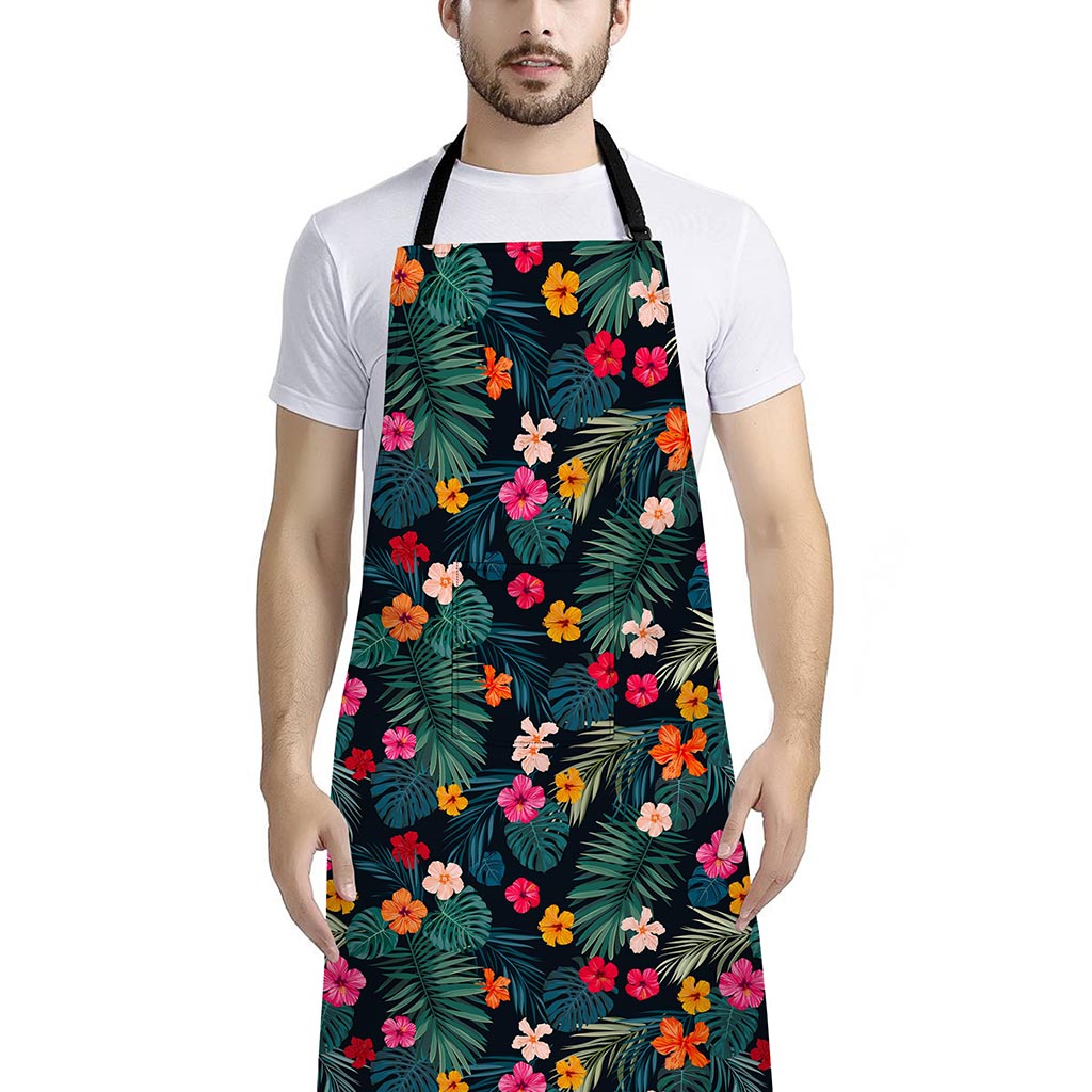 Tropical Flowers Hawaii Pattern Print Bib Apron With Pocket