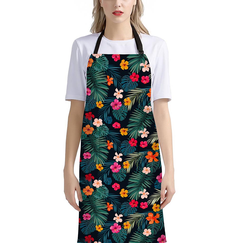 Tropical Flowers Hawaii Pattern Print Bib Apron With Pocket