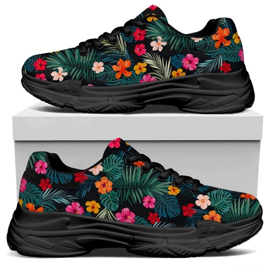 Tropical Flowers Hawaii Pattern Print Black Chunky Shoes