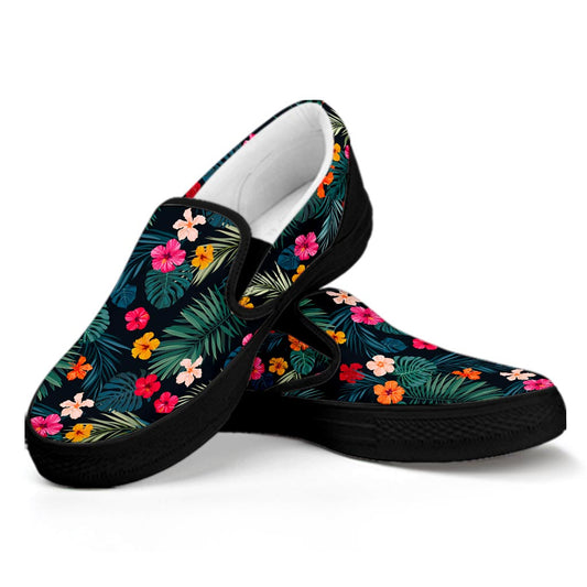Tropical Flowers Hawaii Pattern Print Black Slip On Sneakers