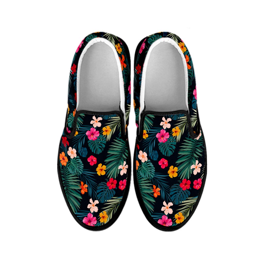Tropical Flowers Hawaii Pattern Print Black Slip On Sneakers