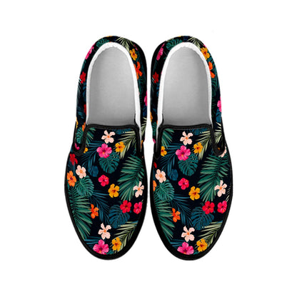 Tropical Flowers Hawaii Pattern Print Black Slip On Sneakers