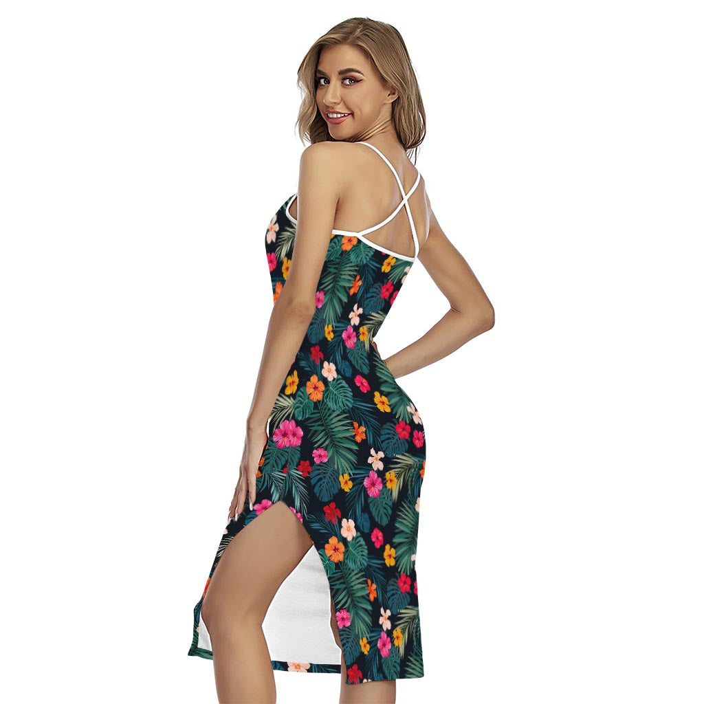 Tropical Flowers Hawaii Pattern Print Cross Back Cami Dress