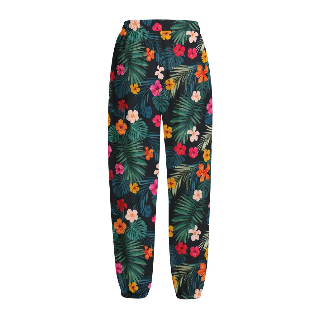 Tropical Flowers Hawaii Pattern Print Fleece Lined Knit Pants