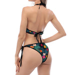 Tropical Flowers Hawaii Pattern Print Halter Scoop Tie Side Bikini