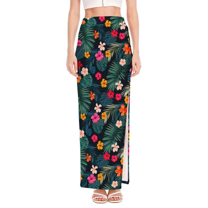 Tropical Flowers Hawaii Pattern Print High Slit Maxi Skirt