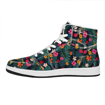 Tropical Flowers Hawaii Pattern Print High Top Leather Sneakers
