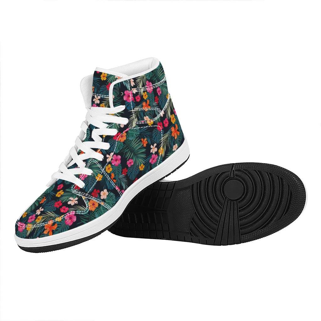 Tropical Flowers Hawaii Pattern Print High Top Leather Sneakers