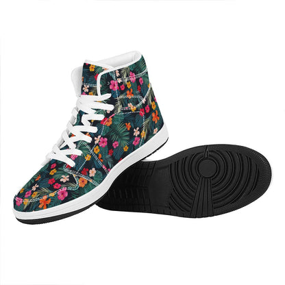 Tropical Flowers Hawaii Pattern Print High Top Leather Sneakers