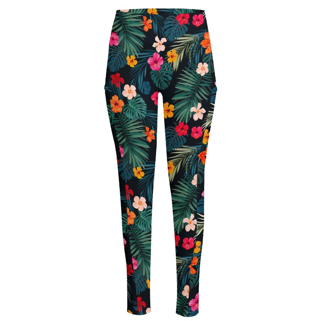 Tropical Flowers Hawaii Pattern Print High-Waisted Pocket Leggings