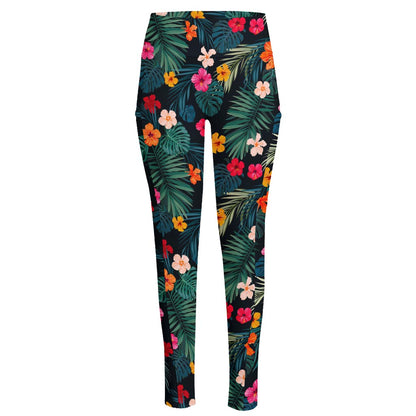 Tropical Flowers Hawaii Pattern Print High-Waisted Pocket Leggings