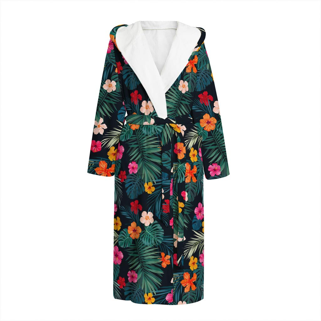 Tropical Flowers Hawaii Pattern Print Hooded Bathrobe