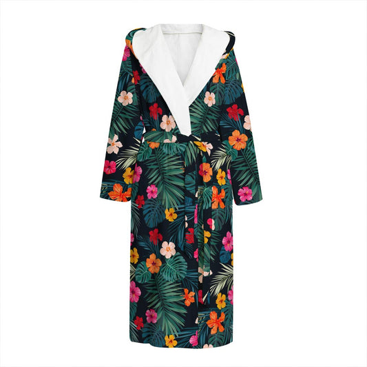 Tropical Flowers Hawaii Pattern Print Hooded Bathrobe