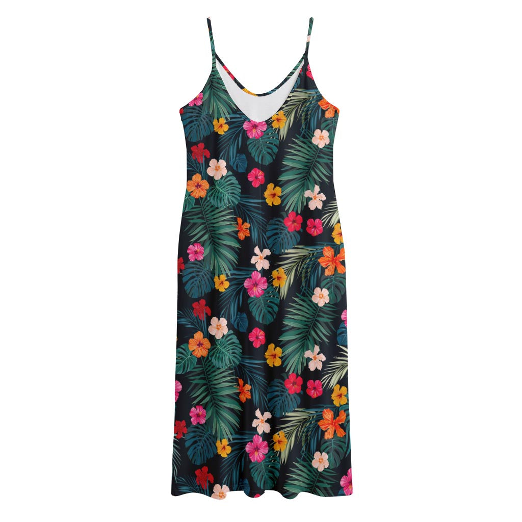Tropical Flowers Hawaii Pattern Print Jersey Midi Cami Dress