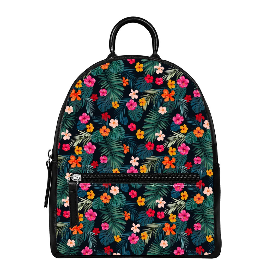 Tropical Flowers Hawaii Pattern Print Leather Backpack