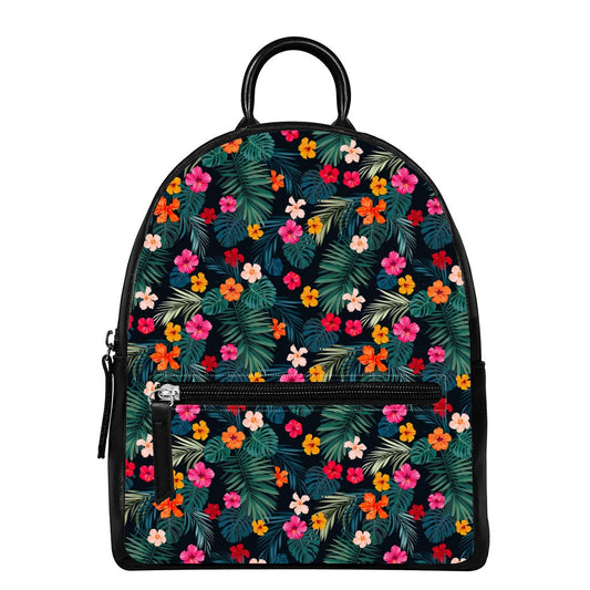 Tropical Flowers Hawaii Pattern Print Leather Backpack