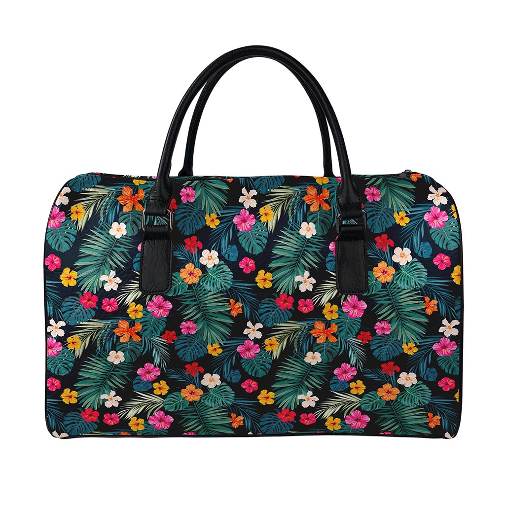 Tropical Flowers Hawaii Pattern Print Leather Duffle Bag