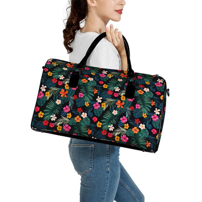 Tropical Flowers Hawaii Pattern Print Leather Duffle Bag