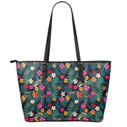 Tropical Flowers Hawaii Pattern Print Leather Tote Bag
