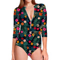 Tropical Flowers Hawaii Pattern Print Long Sleeve Swimsuit