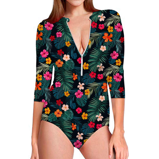 Tropical Flowers Hawaii Pattern Print Long Sleeve Swimsuit