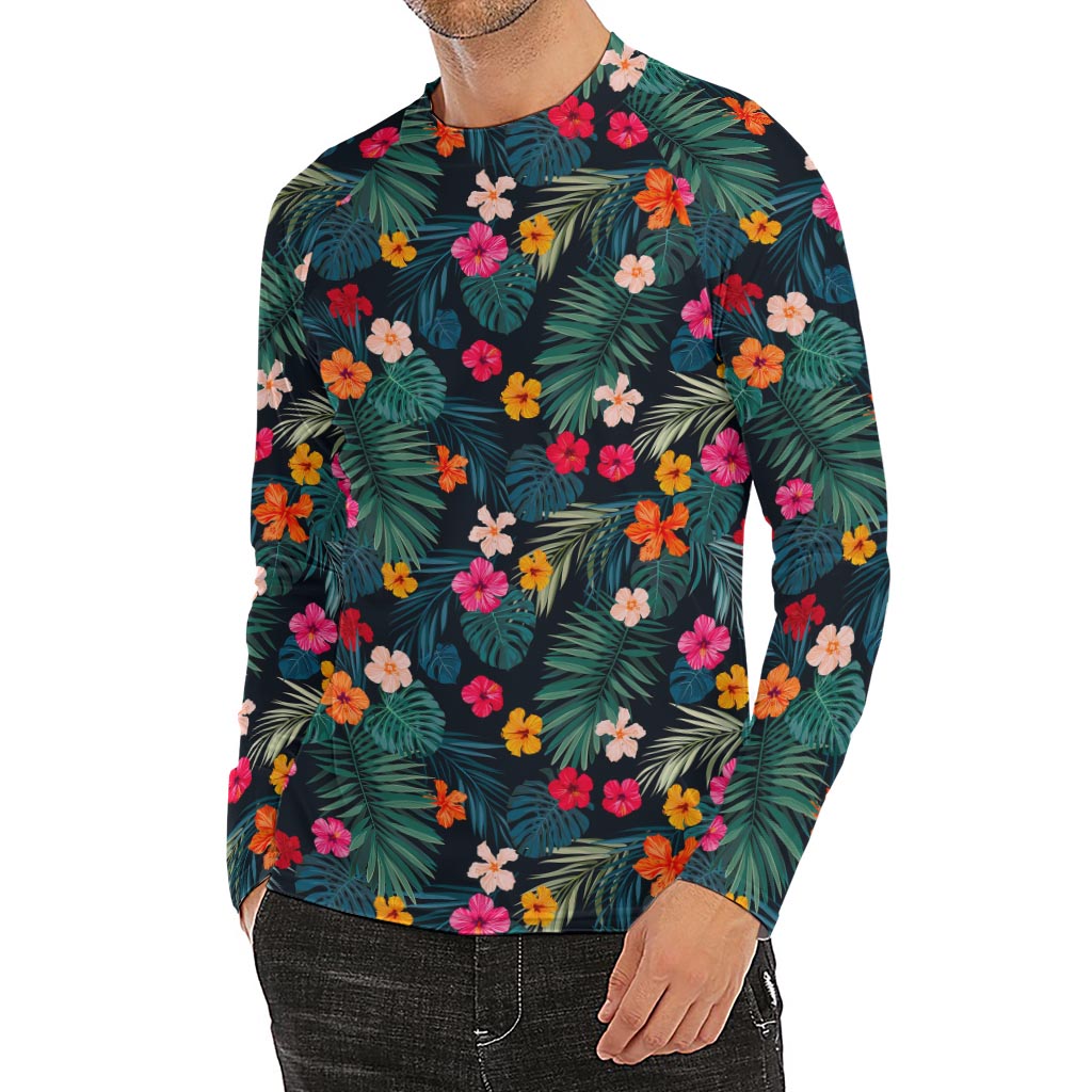 Tropical Flowers Hawaii Pattern Print Men's Long Sleeve Rash Guard